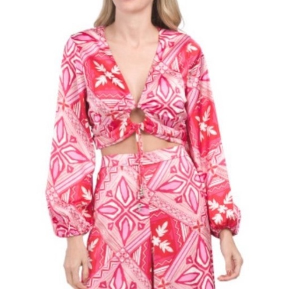 NEW NWT Caroline Constas Cropped Satin Blouse Vneck Boho Patterned - Picture 2 of 8